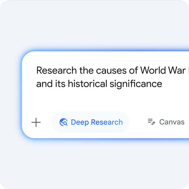A user interface screenshot with a text box with the prompt "Research the causes of World War I and its historical significance."