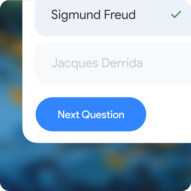 A cropped screenshot of a multiple-choice question on a phone screen. The answer "Sigmund Freud" is selected with a green checkmark, while "Jacques Derrida" is unselected. A blue button below reads "Next Question."