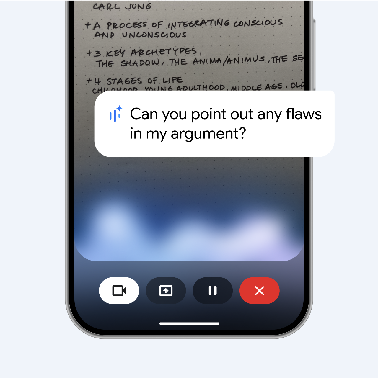 A user interface screenshot of Gemini Live with a quote that reads "Can you point out any flaws in my argument?"